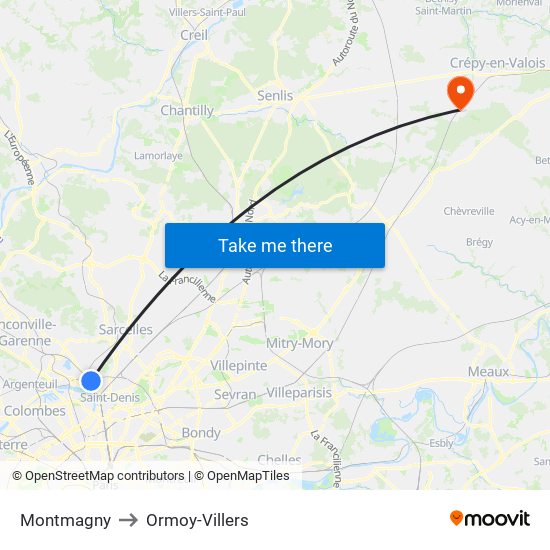 Montmagny to Ormoy-Villers map