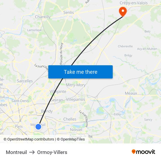 Montreuil to Ormoy-Villers map