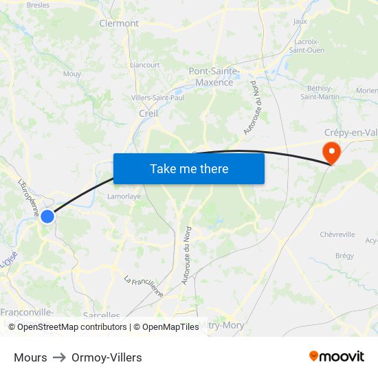 Mours to Ormoy-Villers map