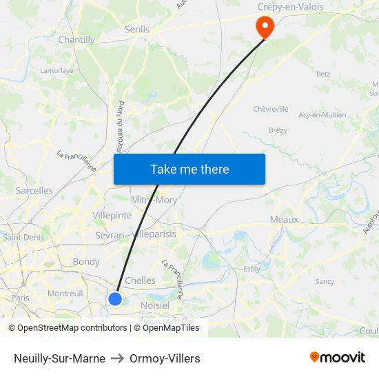 Neuilly-Sur-Marne to Ormoy-Villers map