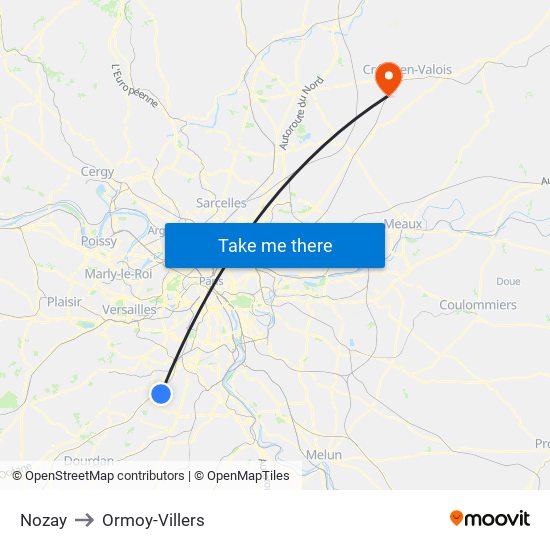 Nozay to Ormoy-Villers map