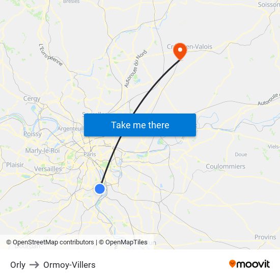 Orly to Ormoy-Villers map