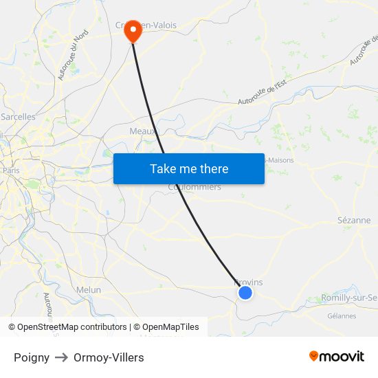 Poigny to Ormoy-Villers map