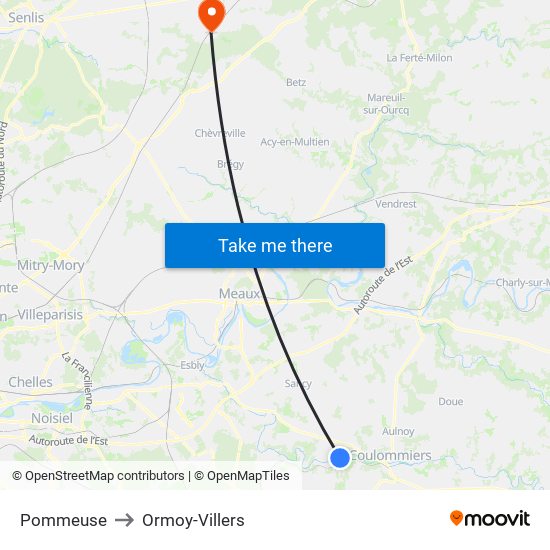 Pommeuse to Ormoy-Villers map