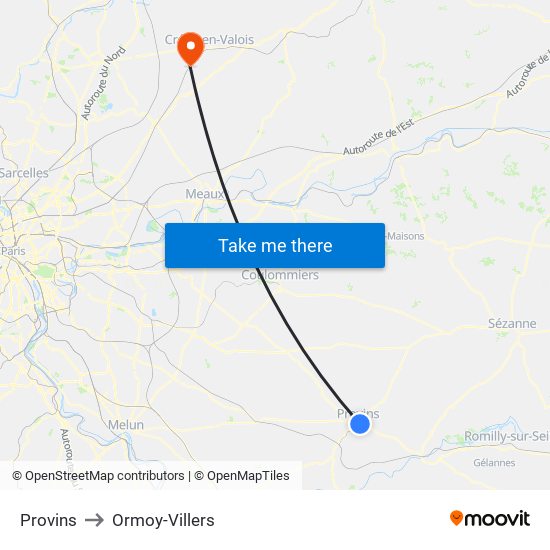 Provins to Ormoy-Villers map