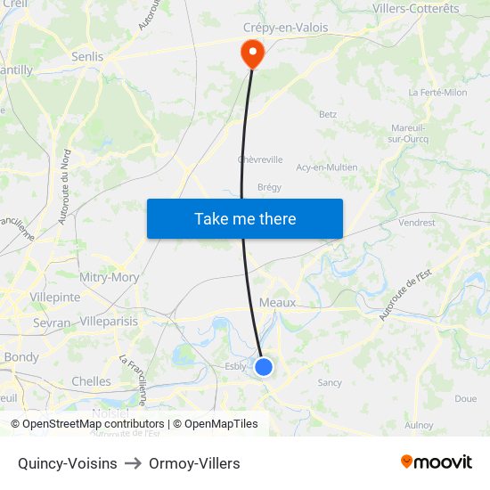 Quincy-Voisins to Ormoy-Villers map
