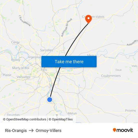 Ris-Orangis to Ormoy-Villers map