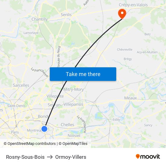 Rosny-Sous-Bois to Ormoy-Villers map