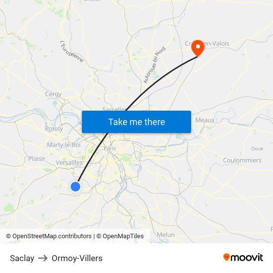 Saclay to Ormoy-Villers map