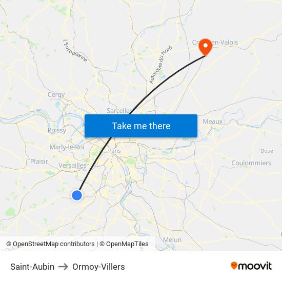 Saint-Aubin to Ormoy-Villers map