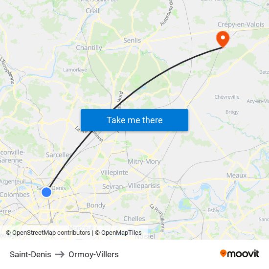 Saint-Denis to Ormoy-Villers map