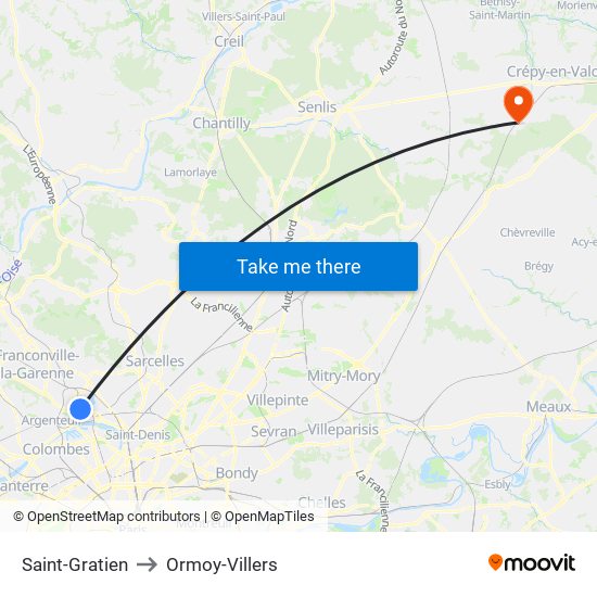 Saint-Gratien to Ormoy-Villers map