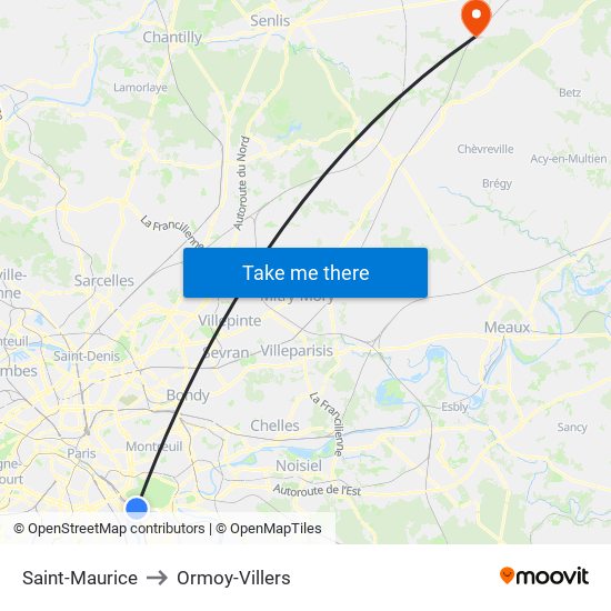 Saint-Maurice to Ormoy-Villers map