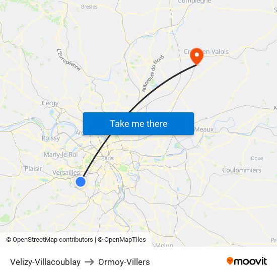 Velizy-Villacoublay to Ormoy-Villers map