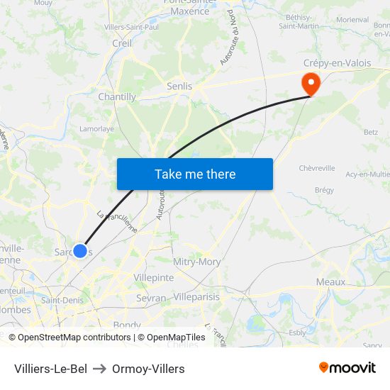 Villiers-Le-Bel to Ormoy-Villers map