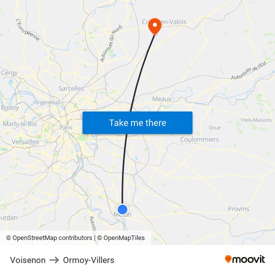 Voisenon to Ormoy-Villers map