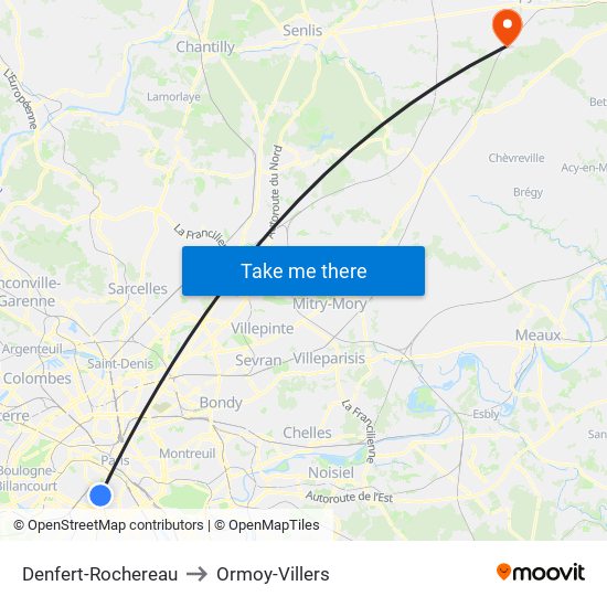 Denfert-Rochereau to Ormoy-Villers map