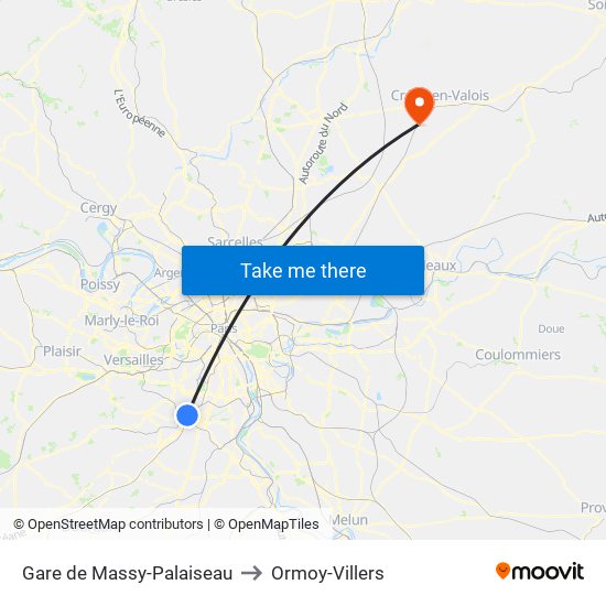 Gare de Massy-Palaiseau to Ormoy-Villers map