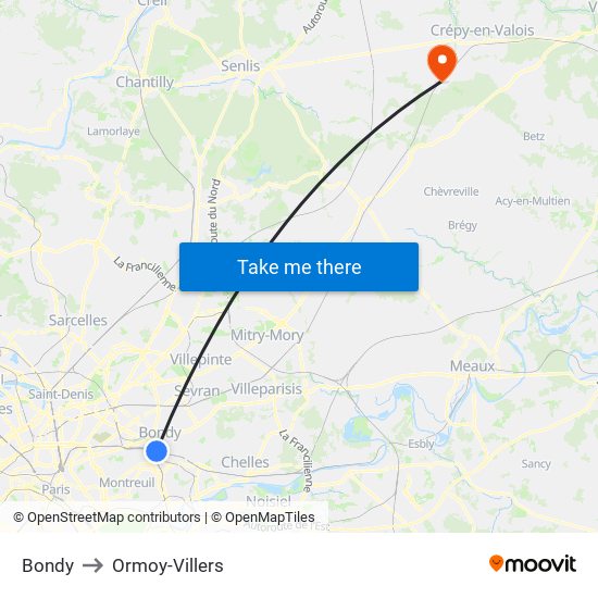 Bondy to Ormoy-Villers map