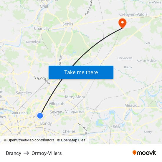 Drancy to Ormoy-Villers map