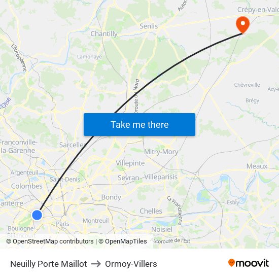 Neuilly Porte Maillot to Ormoy-Villers map