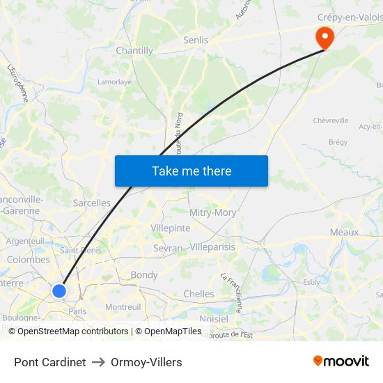 Pont Cardinet to Ormoy-Villers map