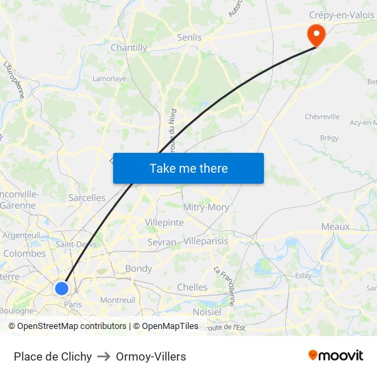Place de Clichy to Ormoy-Villers map