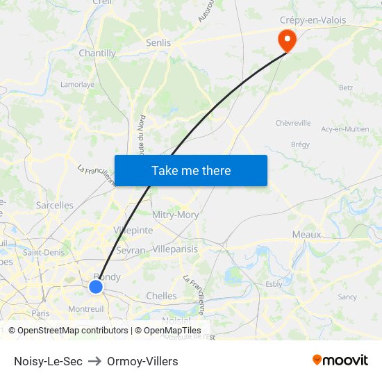 Noisy-Le-Sec to Ormoy-Villers map