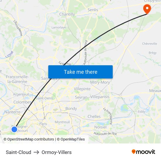 Saint-Cloud to Ormoy-Villers map