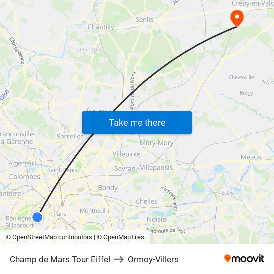Champ de Mars Tour Eiffel to Ormoy-Villers map