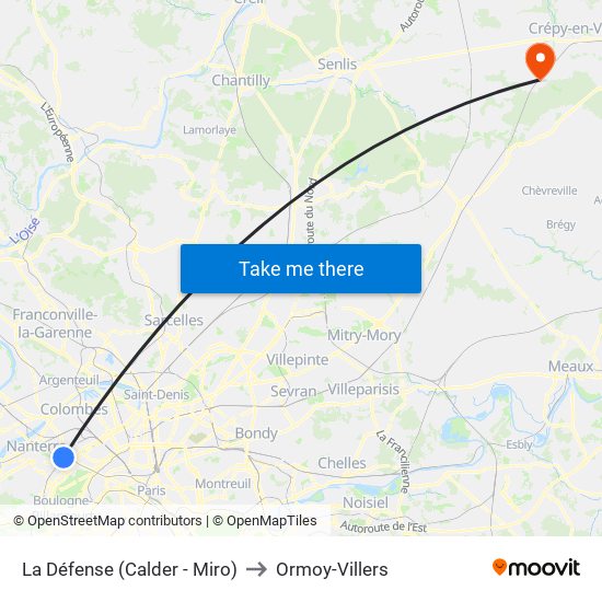 La Défense (Calder - Miro) to Ormoy-Villers map