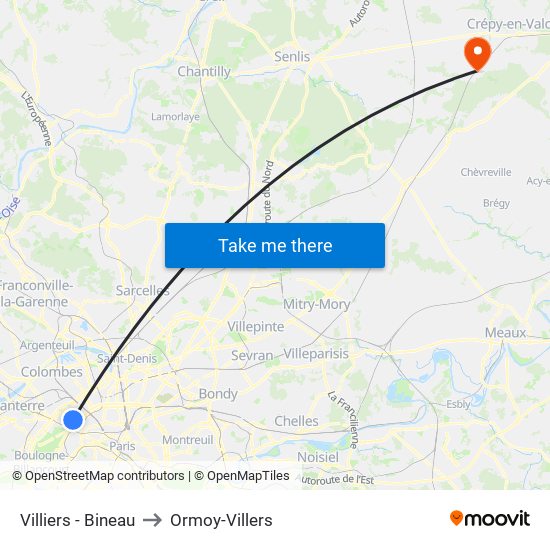 Villiers - Bineau to Ormoy-Villers map