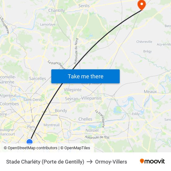 Stade Charléty (Porte de Gentilly) to Ormoy-Villers map