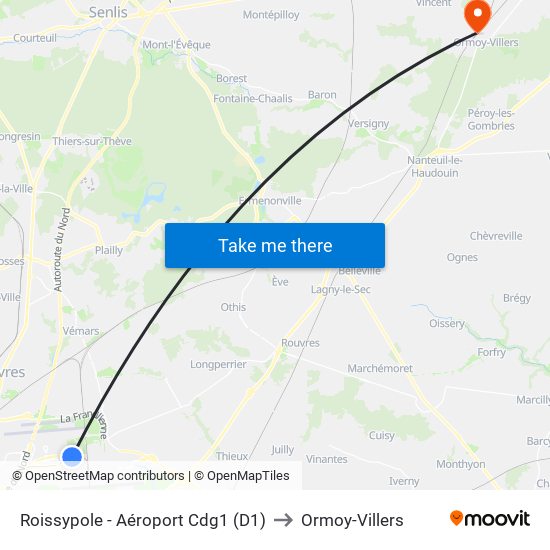 Roissypole - Aéroport Cdg1 (D1) to Ormoy-Villers map