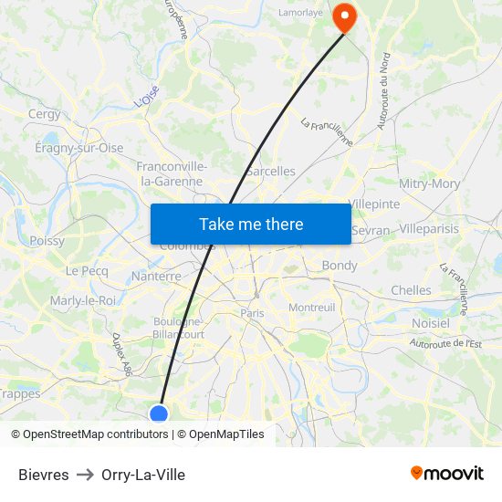 Bievres to Orry-La-Ville map