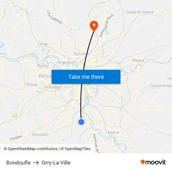 Bondoufle to Orry-La-Ville map