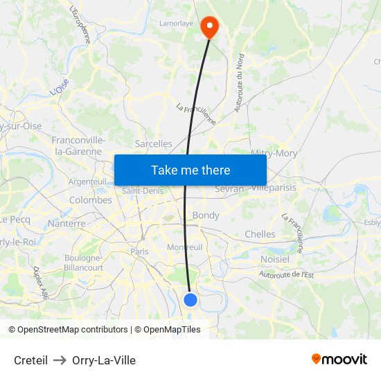 Creteil to Orry-La-Ville map