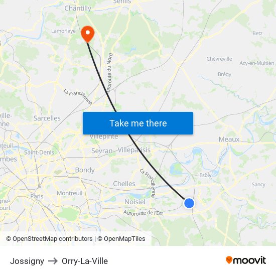 Jossigny to Orry-La-Ville map