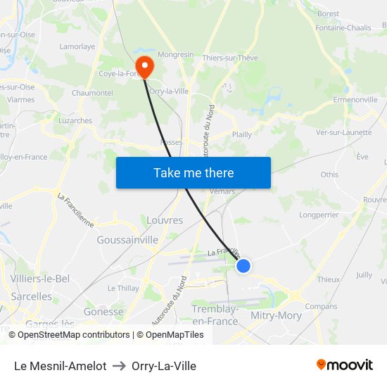 Le Mesnil-Amelot to Orry-La-Ville map