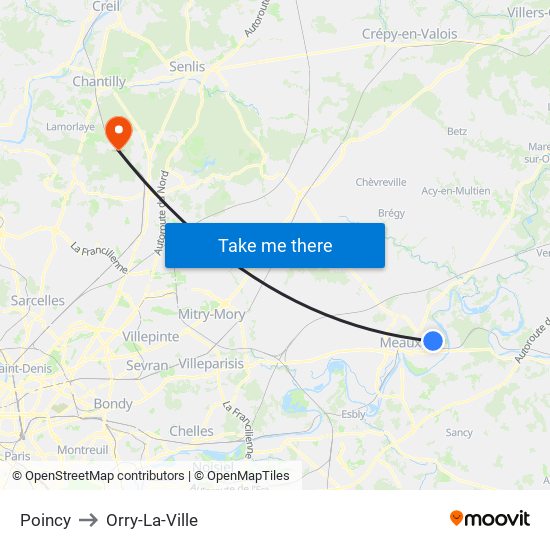 Poincy to Orry-La-Ville map