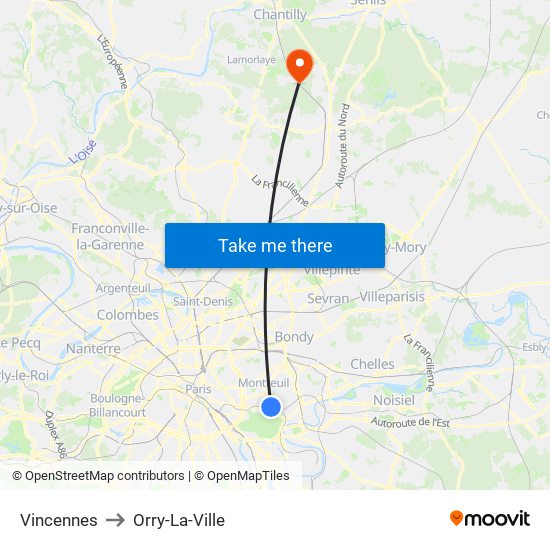 Vincennes to Orry-La-Ville map