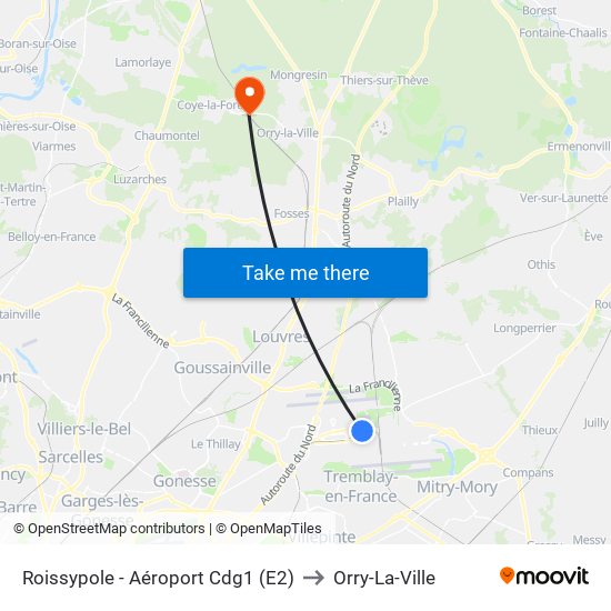 Roissypole - Aéroport Cdg1 (E2) to Orry-La-Ville map