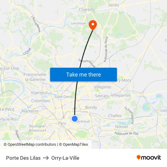 Porte Des Lilas to Orry-La-Ville map
