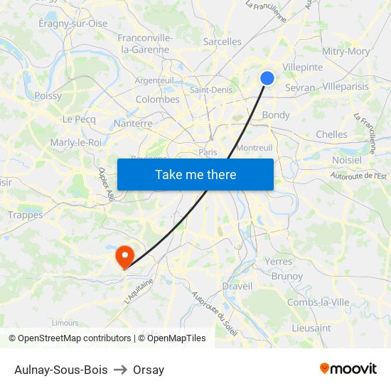 Aulnay-Sous-Bois to Orsay map