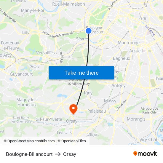 Boulogne-Billancourt to Orsay map