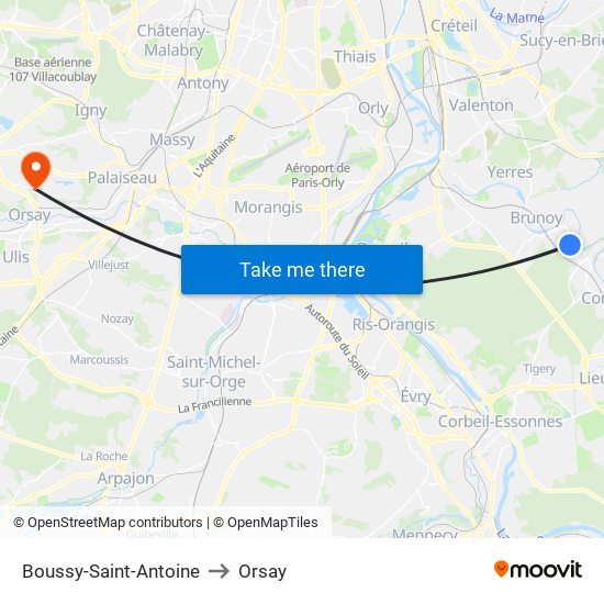 Boussy-Saint-Antoine to Orsay map