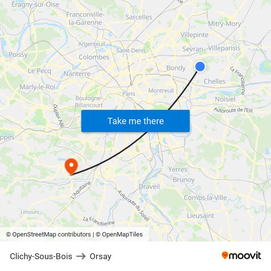 Clichy-Sous-Bois to Orsay map