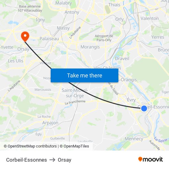 Corbeil-Essonnes to Orsay map