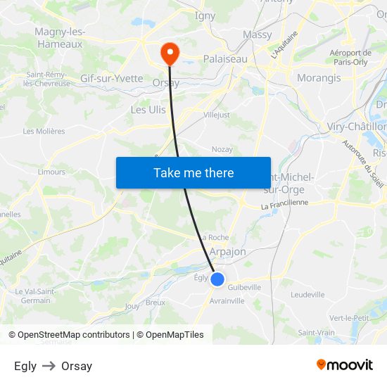 Egly to Orsay map