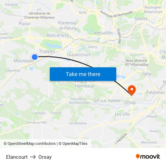 Elancourt to Orsay map
